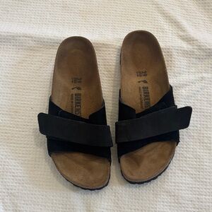 Birkenstock Oita Black Two-Strap Suede Slides